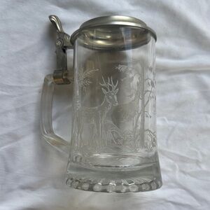 Vintage West Germany Glass Beer Stein with Etched Rustic Deer Scene by ALWE